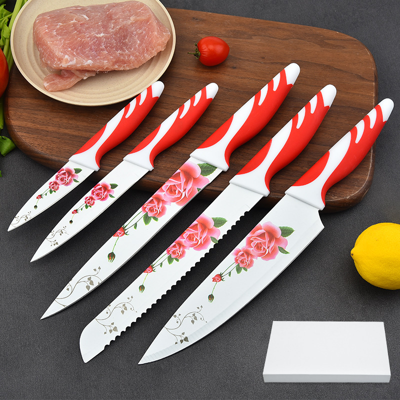 Wholesale cross-border peony printed kitchen knife five-piece set, stainless steel kitchen knife, kitchen knife gift set pic 1