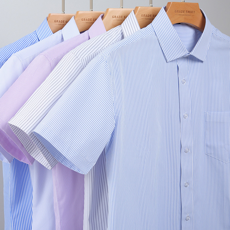 New summer men's striped short-sleeved shirt, middle-aged business form-fitting workwear, blue shirt, men's professional workwear