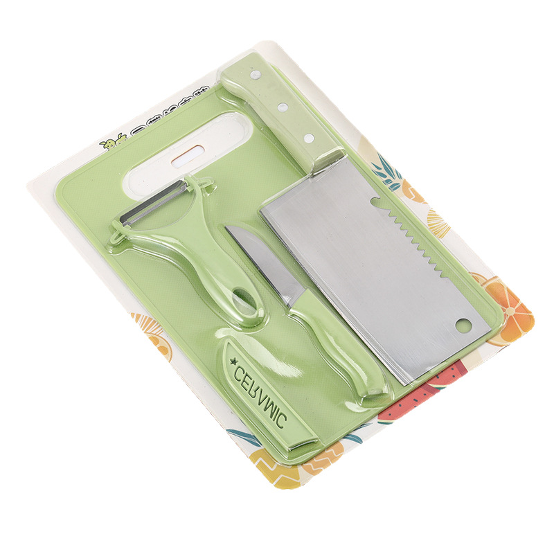 Four-piece set of household kitchen knives, macaron colored cutting board, fruit knife, melon slicer, meat cutter, and kitchen knife set Item Picture
