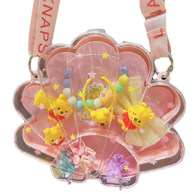 New Children's Hair Accessories Set Beaded Necklace Earrings Ring Leather Band Hairpin Combination Girl Gift Jewelry Gift Box Item Picture