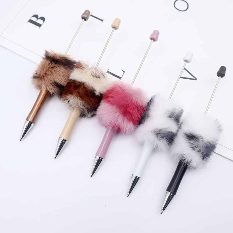 Creative Diy Leopard Print Plush Beaded Pen Cute Wind Hairball Beaded Ballpoint Pen Furry Gift Pen Plastic Pen