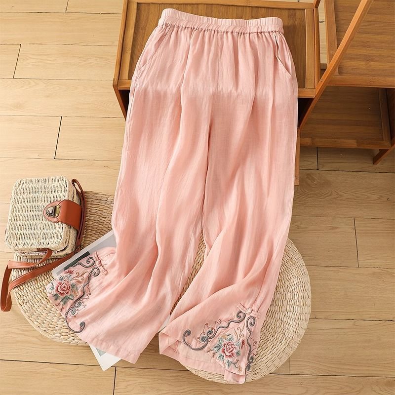 Ethnic-style cotton and linen wide-leg women's casual pants this summer, new Chinese-style green embroidered pants with elastic waist Specification image