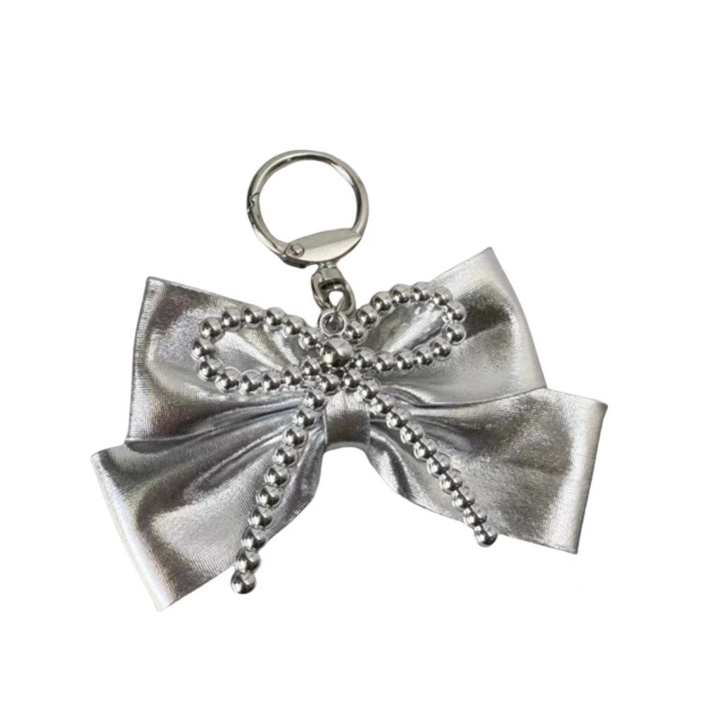 Korean InS-style silver bow pendant, retro y2k hot girl, niche sweet and cool bag pendant, keychain accessory details Picture