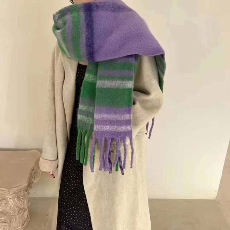 Korean Version Of Autumn Winter Rainbow Check Imitation Cashmere Thick Beard Scarf Female Student Couple Mohair Warm Bib Shawl full figure