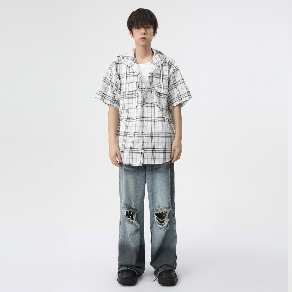 MTLCLOTHES men's Wear: The new 2024 summer collection features a trendy Japanese retro checkered double-pocket hooded work shirt Item Picture