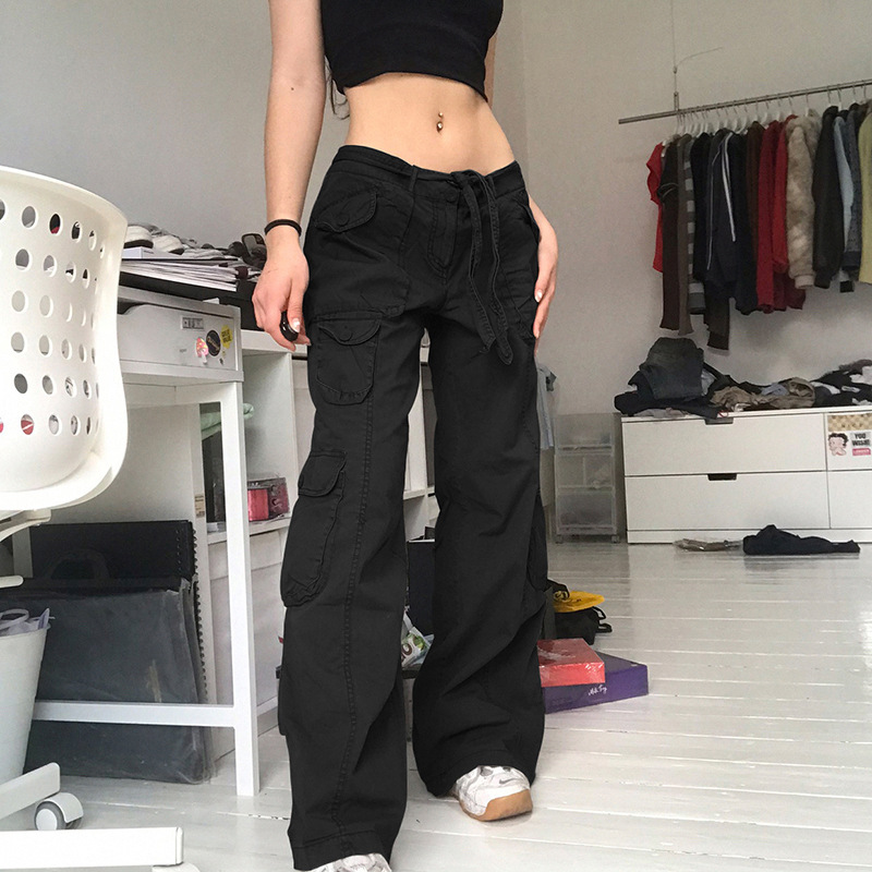 Grey multi-pocket work pants for women, 2022 new style of European and American style women's pants, hot girl low-waisted loose casual denim pants Application Scenario