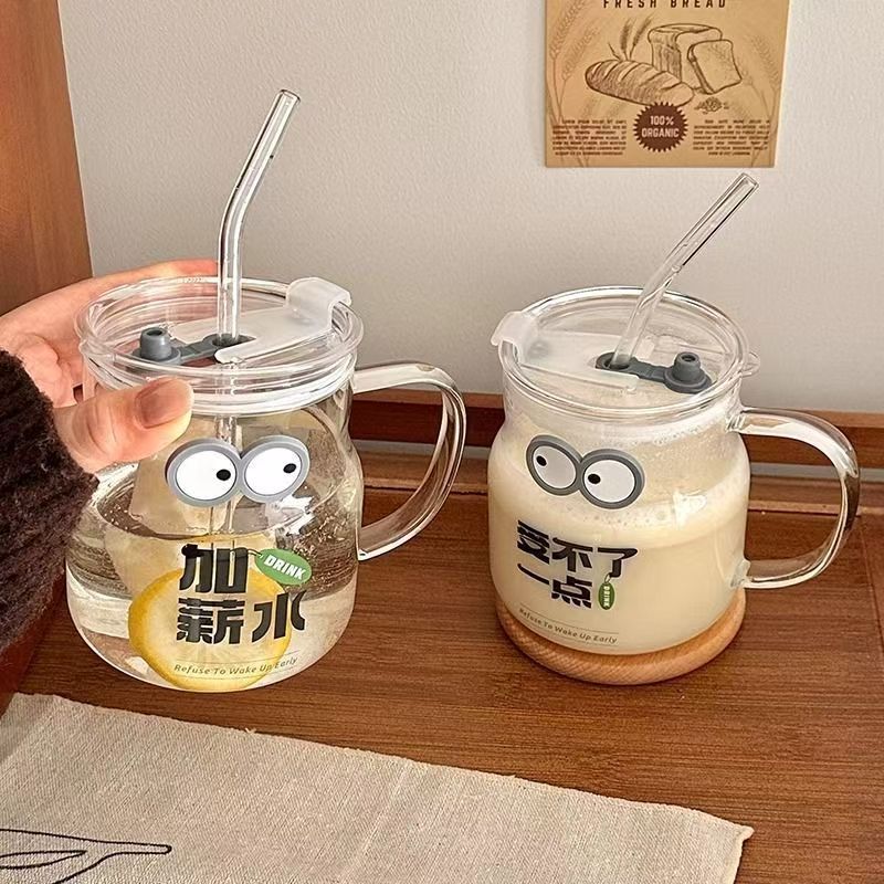 Glass cups, office water cups, office coffee cups, high appearance level straw cups, household portable thickened cups details Picture