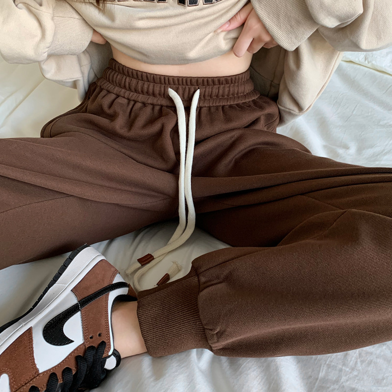 Coffee Color Sports Pants Women Spring And Autumn 2023 New Splicing Loose Thin Leisure Elastic Waist Bundle Feet Harun Wei Pants Specification drawing