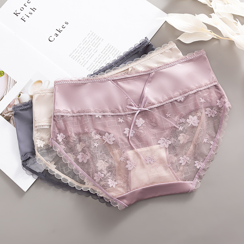 Ladies' underwear, mid-waist, semi-transparent, pure and sexy, lace, breathable, seamless, comfortable, bow-shaped triangular waistband full figure