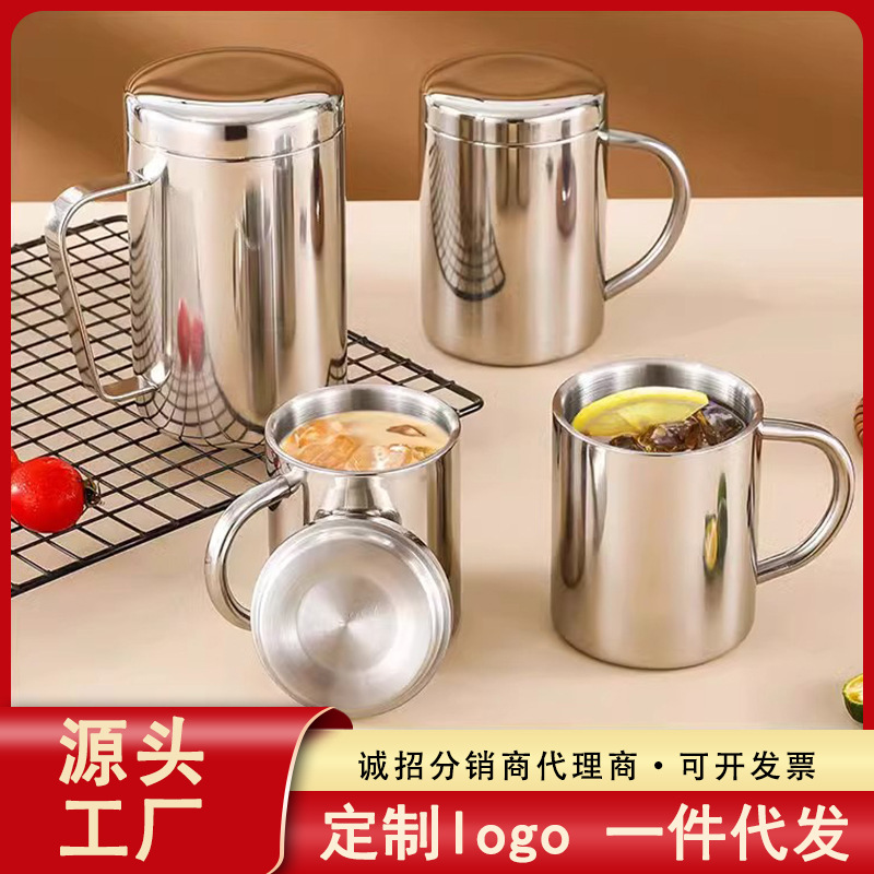 双层防烫马克杯带把手304不锈钢水杯幼儿园带盖儿童杯子可印logo