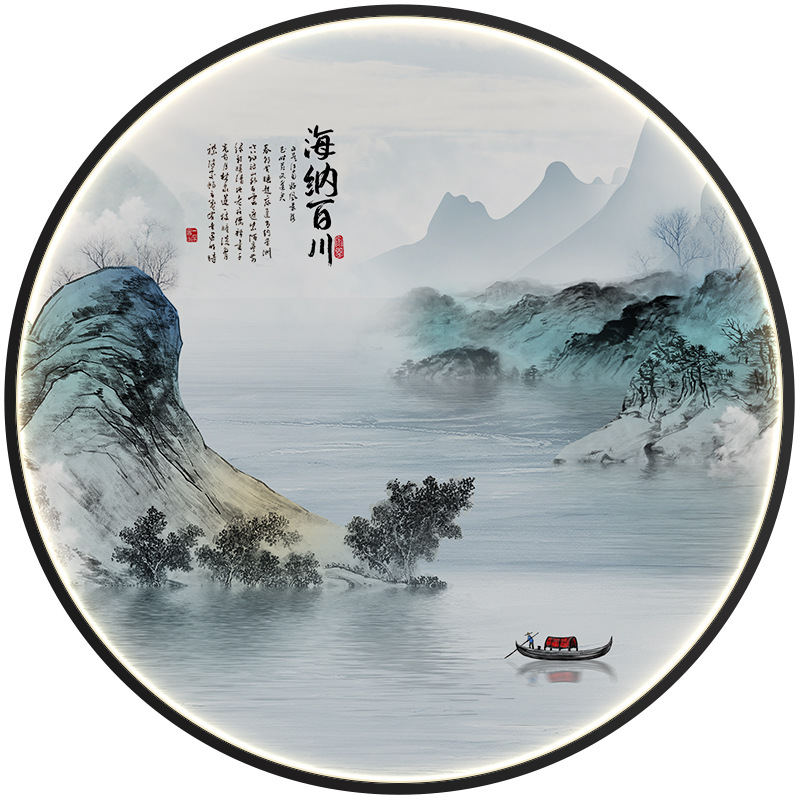 The new Chinese-style ink-wash Zen-inspired landscape circular decorative painting, led light painting, tea room entrance, corridor and corridor hanging painting are grand and imposing Item Picture