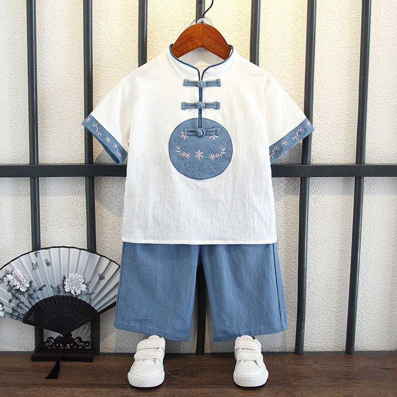 Chinese trend boys' Tang and summer short-sleeved suits, Chinese-style evening gowns, children's Hanfu, cool cotton and linen thin children's clothing two-piece set Specification image