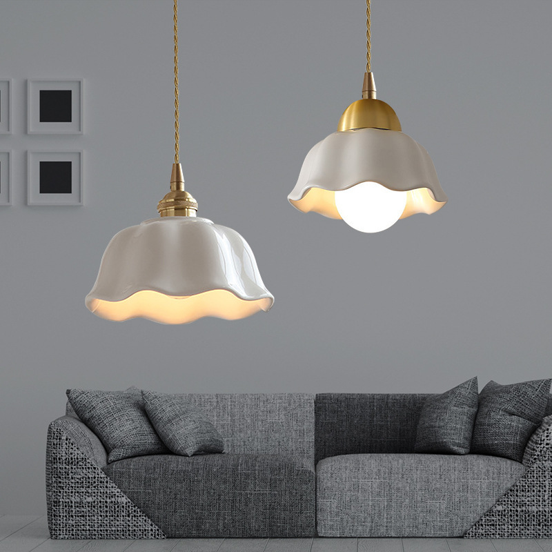 Nordic white pleated ceramic chandelier, Japanese restaurant, guesthouse bar counter, bedside, bedroom, living room, retro all-copper lamp Application Scenario