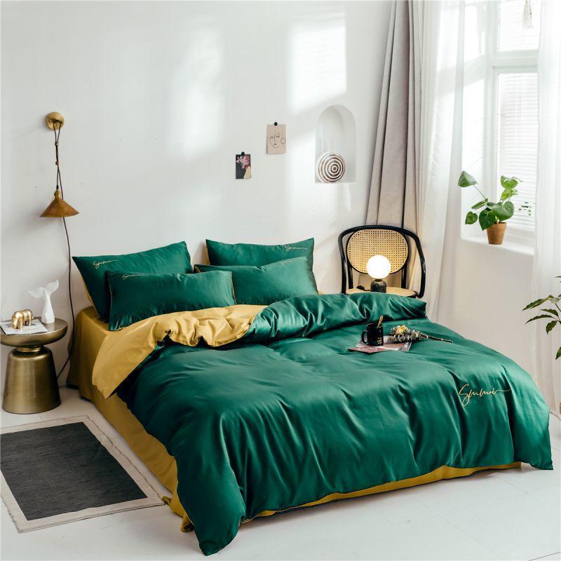 Dark green 60s long-staple cotton solid color two-piece four-piece set, pure cotton simple solid color two-piece bedding, skin-friendly for naked sleep, 6*7 Application Scenario