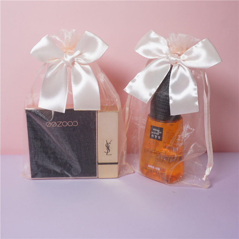 香槟色透明礼品袋现货蝴蝶结抽绳束口纱袋护肤品小样包装袋