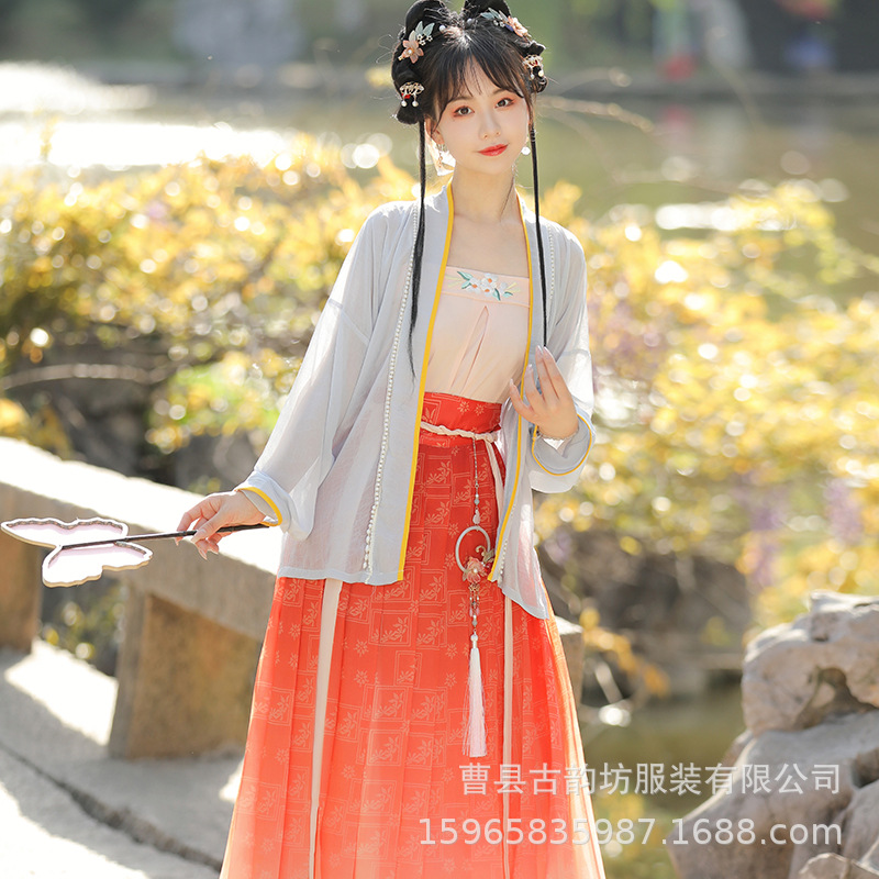 Original Song Dynasty Hanfu for women, Chinese-style embroidered long 褙子 pleated waist-length blouse and skirt, improved ancient costume with a fairy-like charm Application Scenario