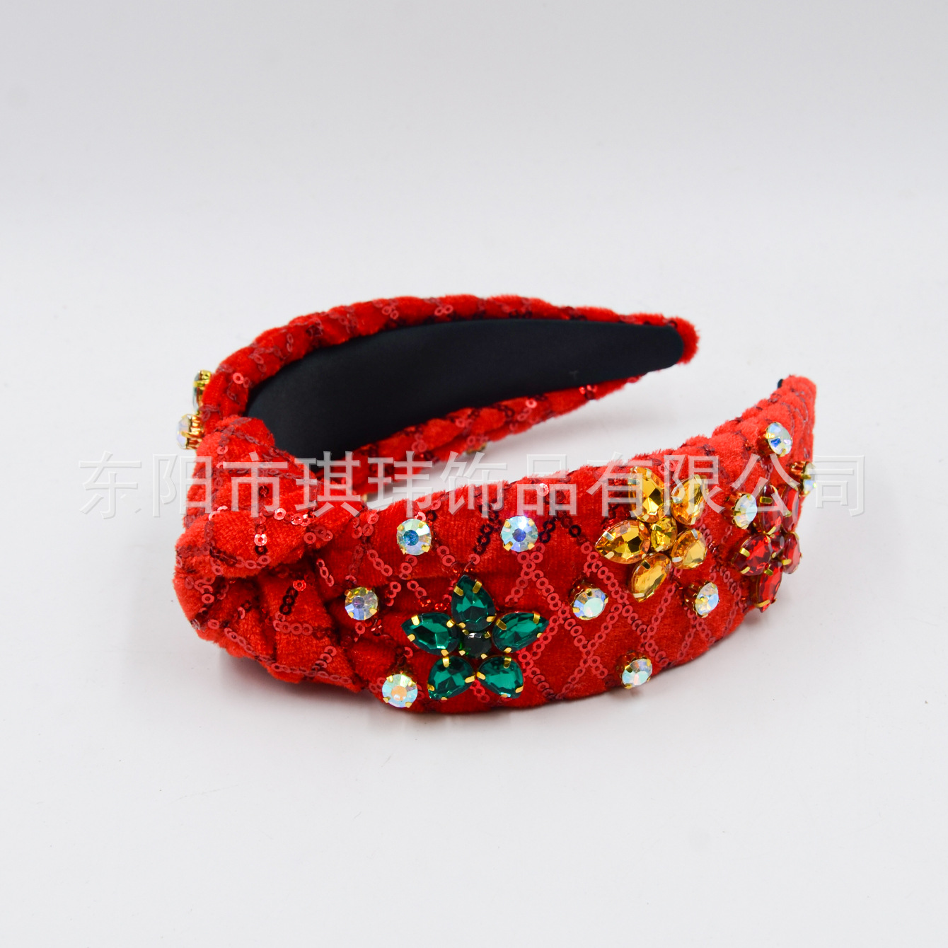 Qiwei Accessories' exclusive new Christmas sequined fabric knot with red, green and yellow floral diamonds wide-edge fashionable hair band for women, factory approved details Picture