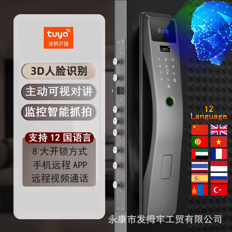 跨境出口家用全自动指纹锁人脸识别智能门锁密码锁涂鸦锁远程监控