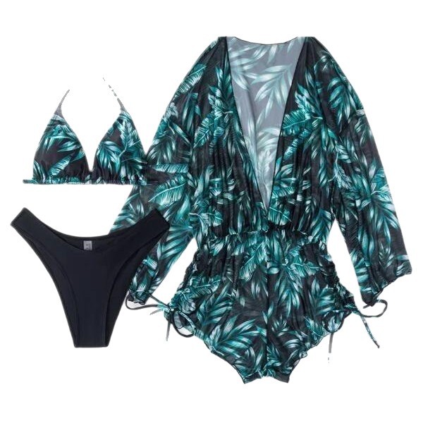 2025 new European and American bikini three-piece set, cinched waist, lace-up, fashionable long-sleeved leaf print beach conservative swimsuit Item Picture