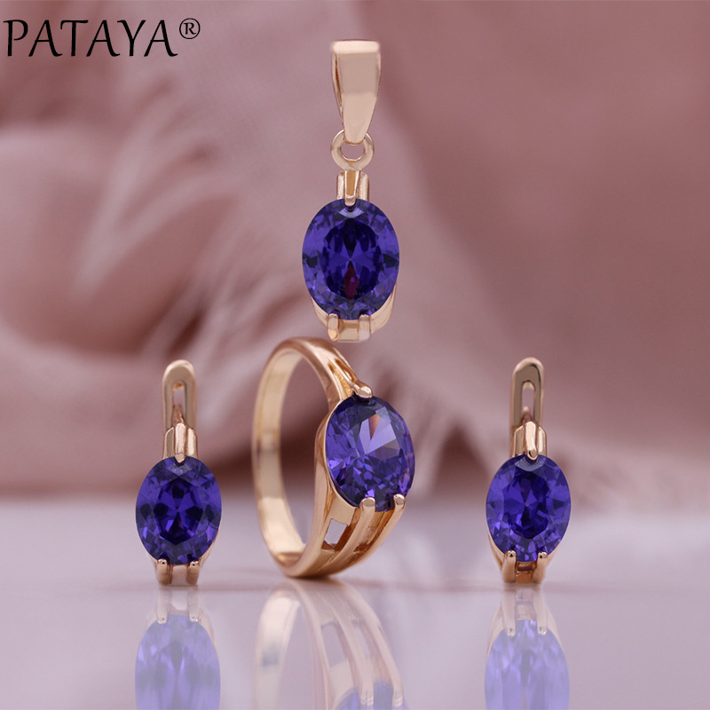PATAYA purple Zircon 585 rose gold ring, earrings, pendant, necklace, fashionable and exquisite set, cross-border Europe and America Item Picture