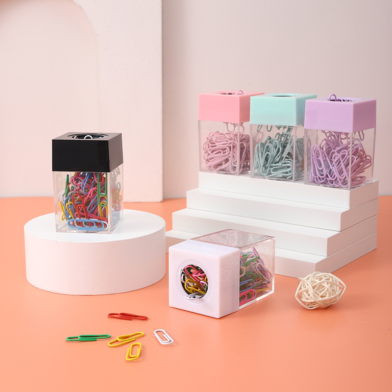 Lider america creativo cuadrado macaron color magnético clip de papel cubo de almacenamiento plástico colorido transparente clip cubo
