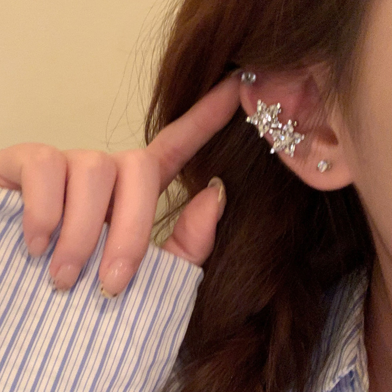 Zirconium double Star ear clip without ear holes, unique, exquisite and high-end, light luxury style, ear bone clip earrings for women
