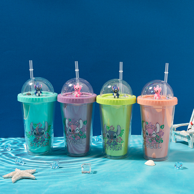 跨境新款史迪仔水杯批发高颜值双层卡通儿童塑料杯夏季创意碎冰杯