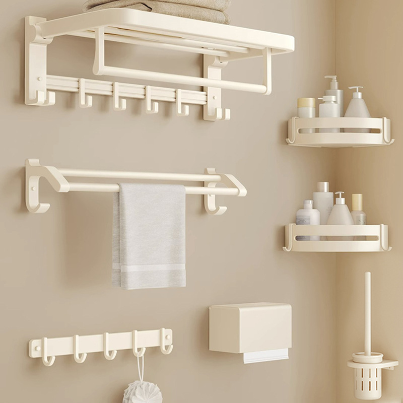Cream-style towel rack, space aluminum bathroom, bath towel storage rack, bathroom, washroom, toilet, six-piece set without perforation Application Scenario