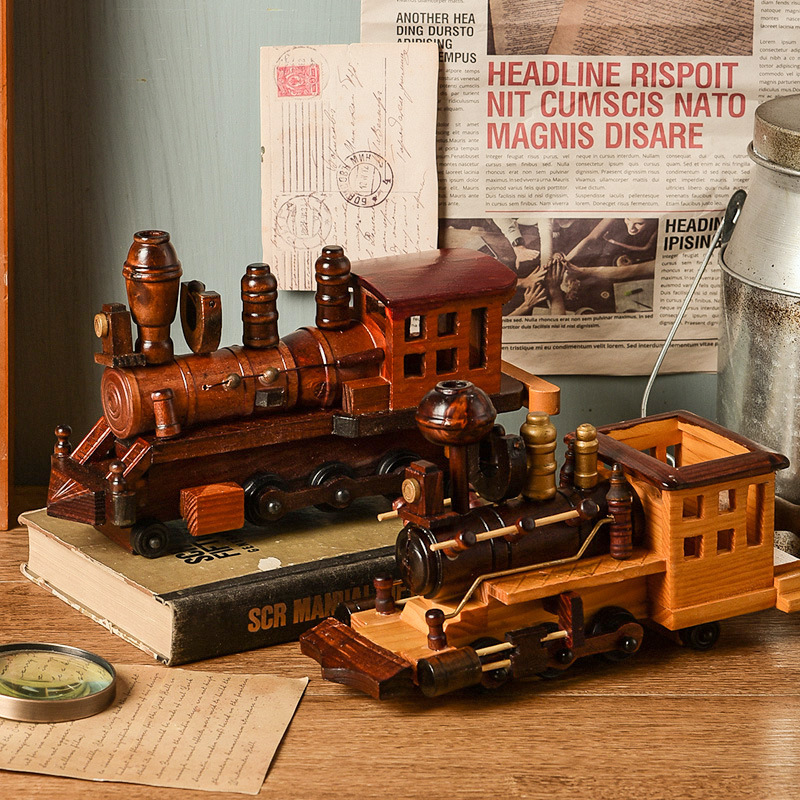 欧式复古木质火车 摆件创意家居桌面火车模型装饰摆件木质工艺品