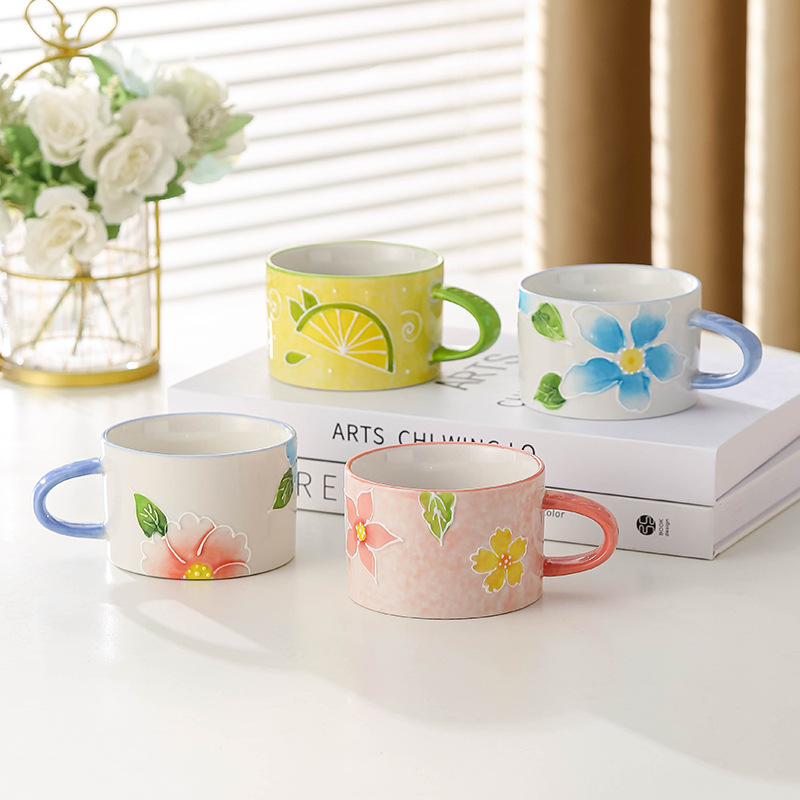 Japanese Hand-Painted Relief Flower Ceramic Pot Belly Cup High Appearance Level Lovely Wind Into The Shop Gift Accompanied By Hand Gift Office Cup Application Scenario