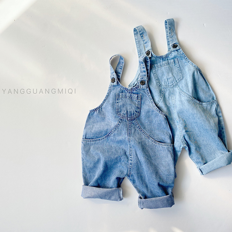 2022 Summer baby denim overalls, Japanese style, simple and fashionable, Korean style loose workwear for men and women, children's pants