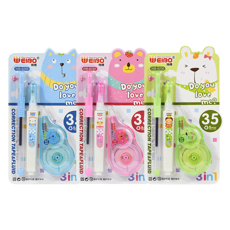 Weibo Creative Correction Tape, correction Fluid and Gel Pen Three-in-one Set Cartoon Cute Student Stationery Wholesale Item Picture