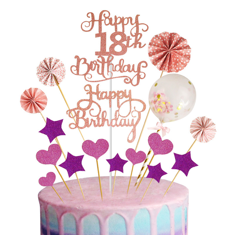 亚马逊跨境 可定制数字18生日快乐蛋糕装饰插件插牌纸扇气球套装详情图2