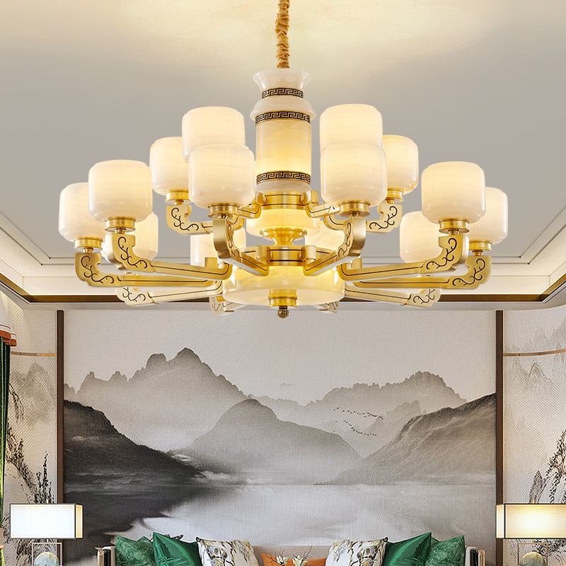 New Chinese-style chandelier, all-copper jade living room and dining room lamp, Chinese-style real jade lampshade, villa duplex marble lamp