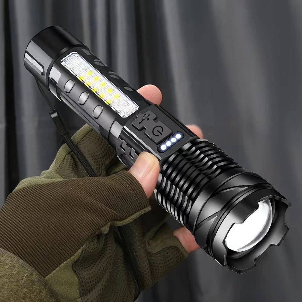White Laser Telescopic Zoom Flashlight Home Outdoor Long Range Red And Blue Warning Side Light Led Flashlight A76 details Picture