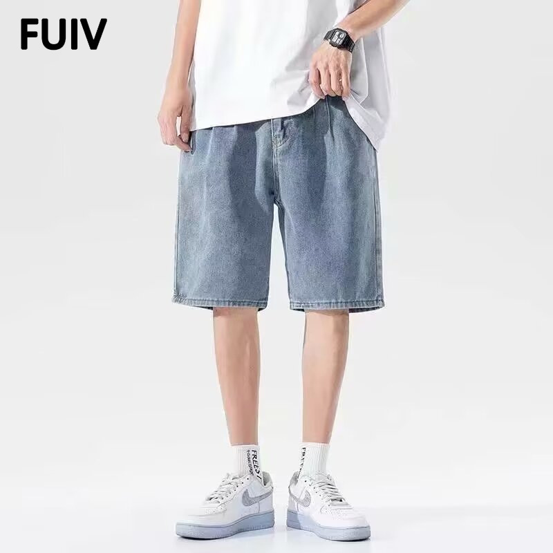 FUIV 男士牛仔短裤直筒宽松型韩版潮流夏季水洗薄款中裤潮牌五分