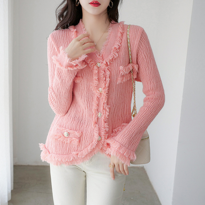 Pequeña fragancia viento cuello en v de punto cardigan mujer otoño 2022 nuevo estilo de mujer temperamento temprano otoño mujer suéter abrigo exterior Specification image