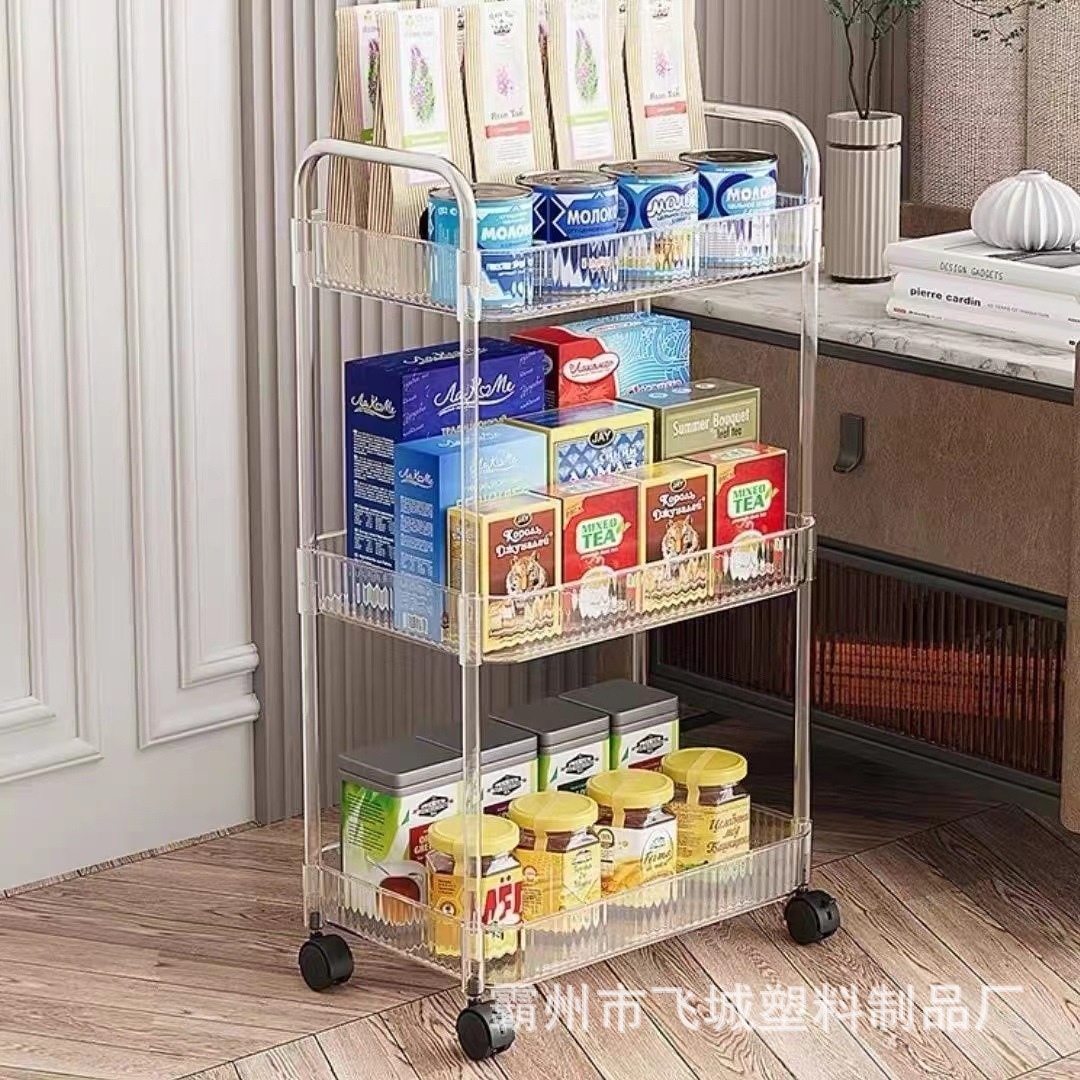 Trolley storage rack, household snack multi-layer storage bookshelf, mobile kitchen fruit and vegetable basket, acrylic shelf Specification image