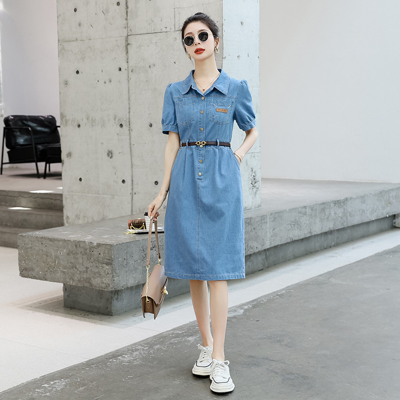 a new short-sleeved denim dress for women in summer 2024, a stylish mid-length A-line dress for petite women Specification image