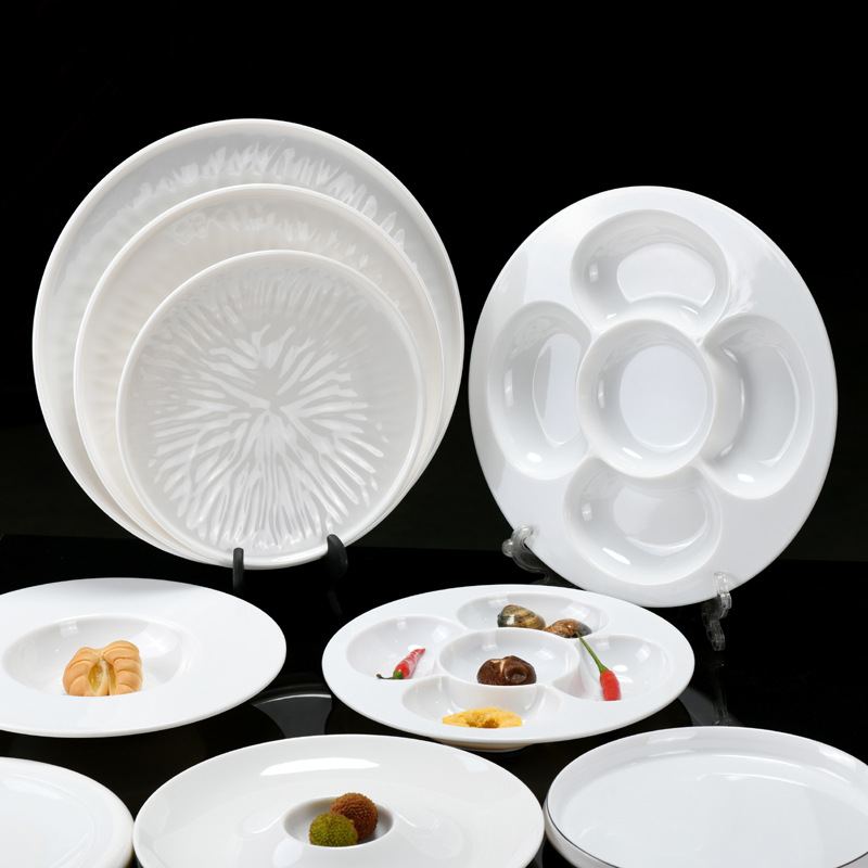 Food-grade commercial melamine a8 jade porcelain hotel tableware, banquet round plate, rectangular high foot base, hand-grabbed mutton pad plate