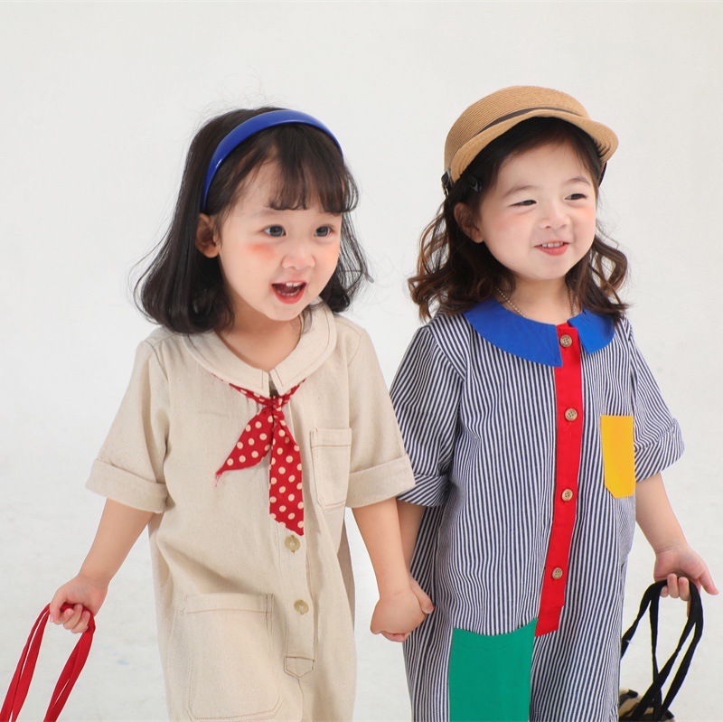 夏季新款儿童连体裤韩版中小童洋气童裤撞色拼色儿童爬服短袖透气