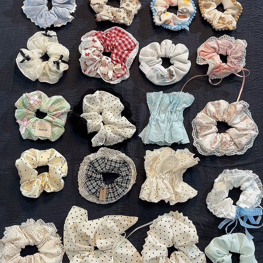 韩系甜妹碎花大肠发圈蕾丝蝴蝶结芭蕾风格纹发绳头绳圈发饰摆摊批