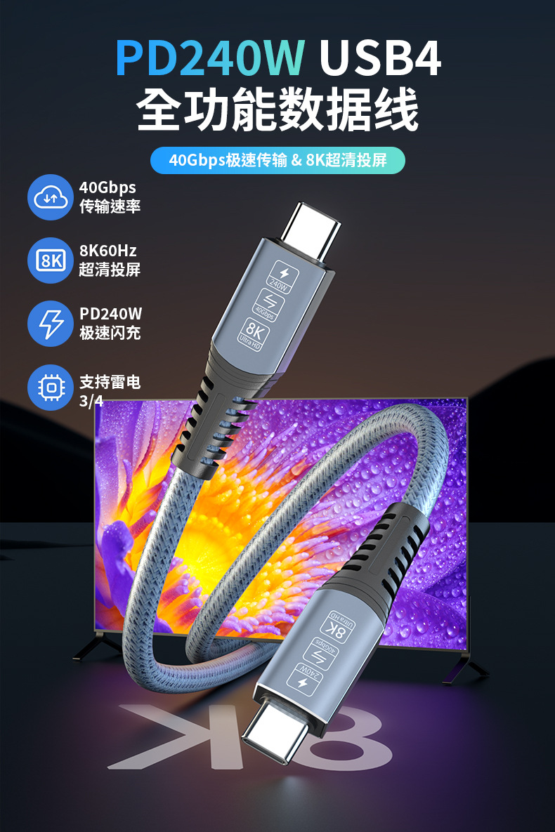 USB4全功能双typec数据线40Gbps兼容雷电4/3PD240W快充线8K投屏线详情3
