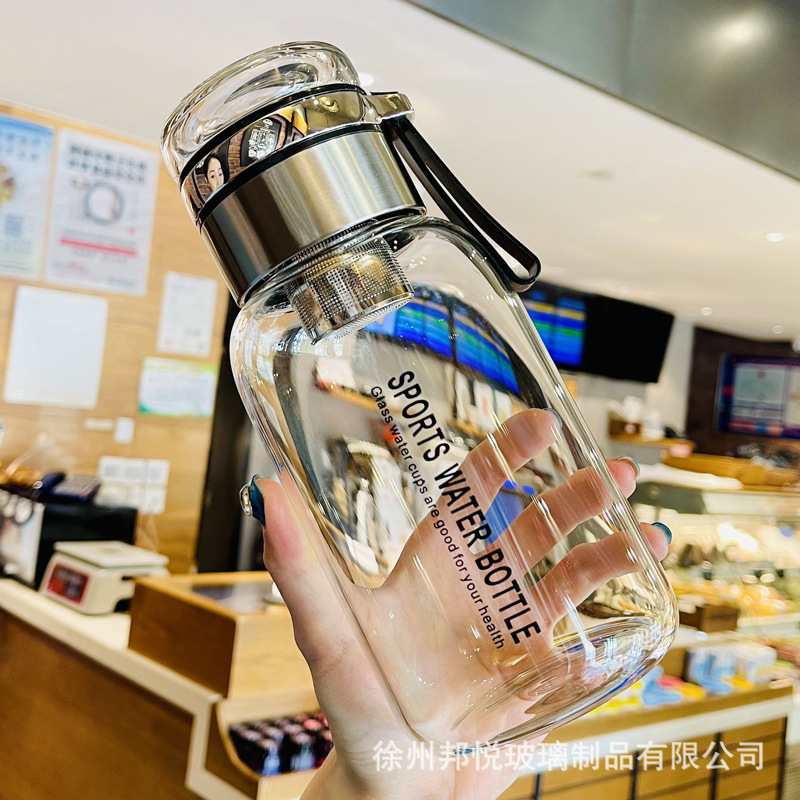 1000ml large-capacity outdoor portable water cup, transparent glass tea brewing cup, high-temperature resistant rope tea-water separation cup