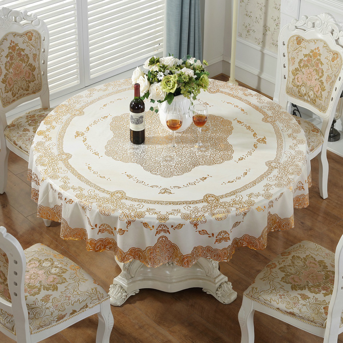 Factory direct sales of European-style gilded pvc tablecloths, household round table fabrics, water and oil resistant, hotel and restaurant tablecloths, pure white