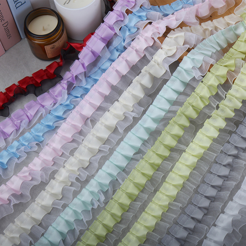 现货4cm涤纶雪纱带褶皱蕾丝玩具手工DIY工艺服装饰品配件打折花边
