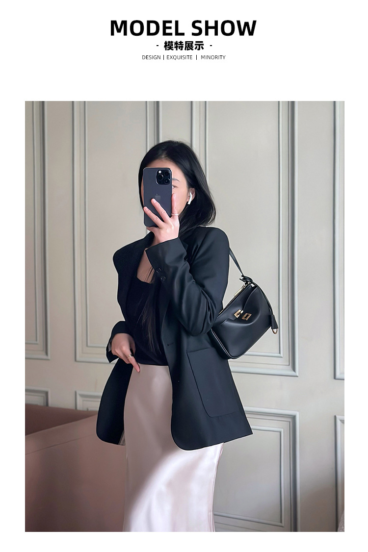 小众真皮麻将包女高级感手提包锁扣韩系拉链通勤大容量单肩斜挎包详情10