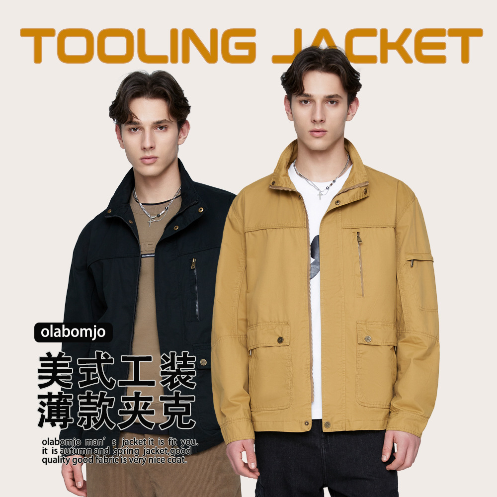 OLA Spring and Autumn Men's thin American workwear multi-bag casual jacket, loose, versatile, simple style, sporty and outdoor