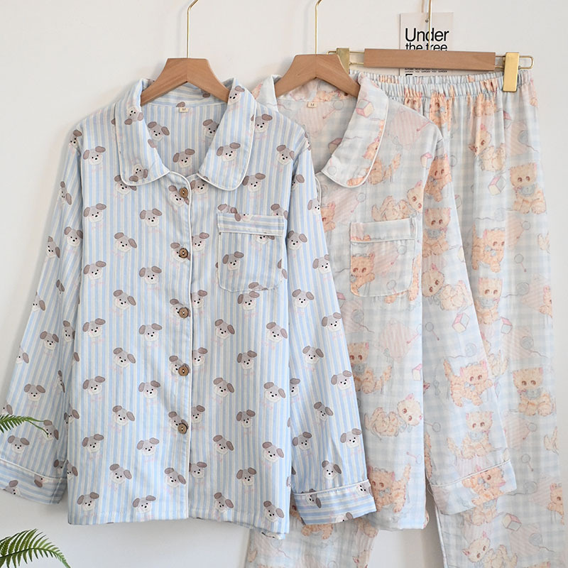 100%A类纯棉双层棉纱条纹小狗四季长袖翻领开衫女家居睡衣套详情11