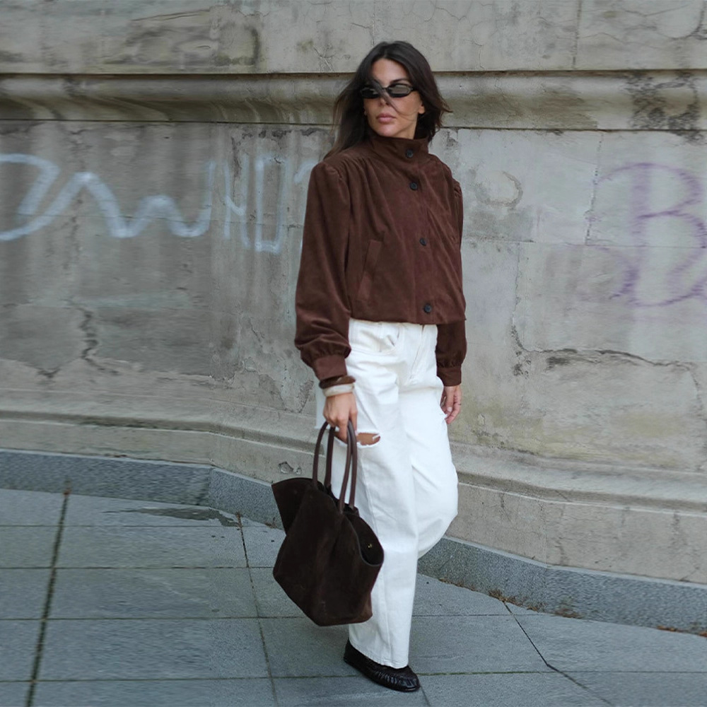 European and American cross-border 2025 Spring and Autumn Fashion New retro jacket coat, loose lapel short brown versatile top Application Scenario